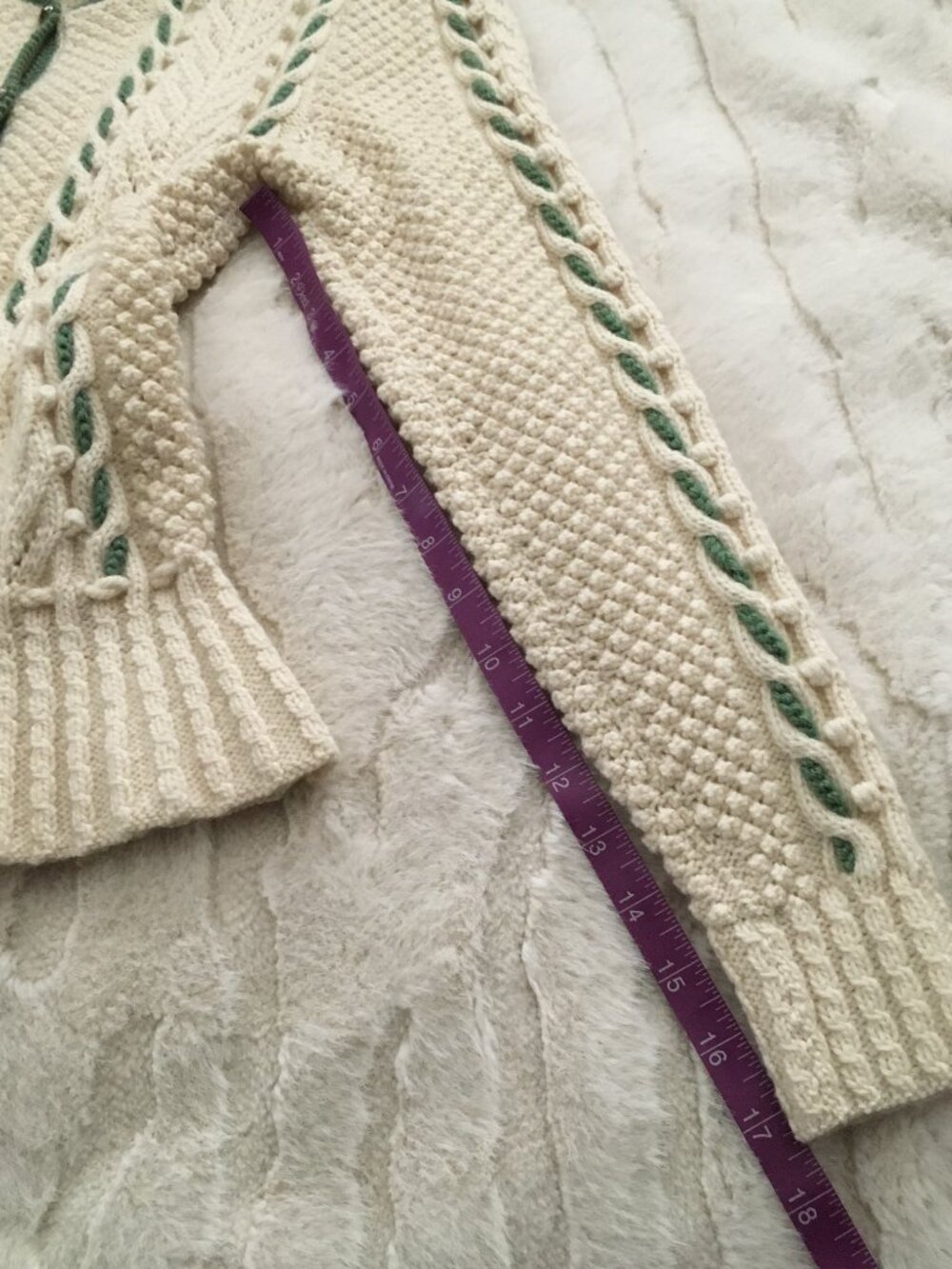 Vintage Hand-Knit Peplum Cardigan Sweater S Cream Sage Green Cable Whimsigoth - Picture 16 of 16